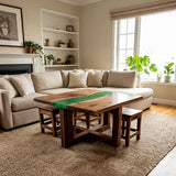 Rustic wood and green resin coffee table set in a cozy living room