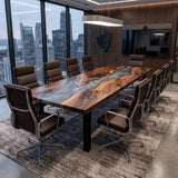 Luxury black walnut boardroom table showcasing swirling gray epoxy resin, dramatic live edge contours, and warm brown wood tones