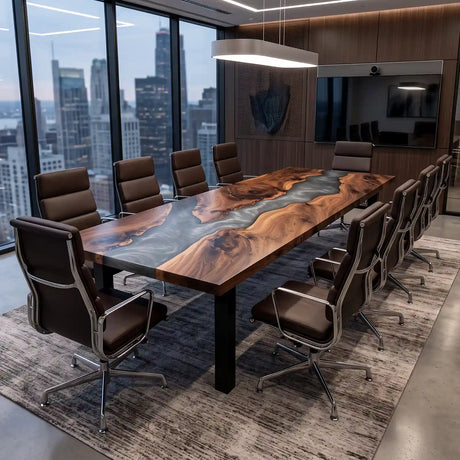 Luxury black walnut boardroom table showcasing swirling gray epoxy resin, dramatic live edge contours, and warm brown wood tones