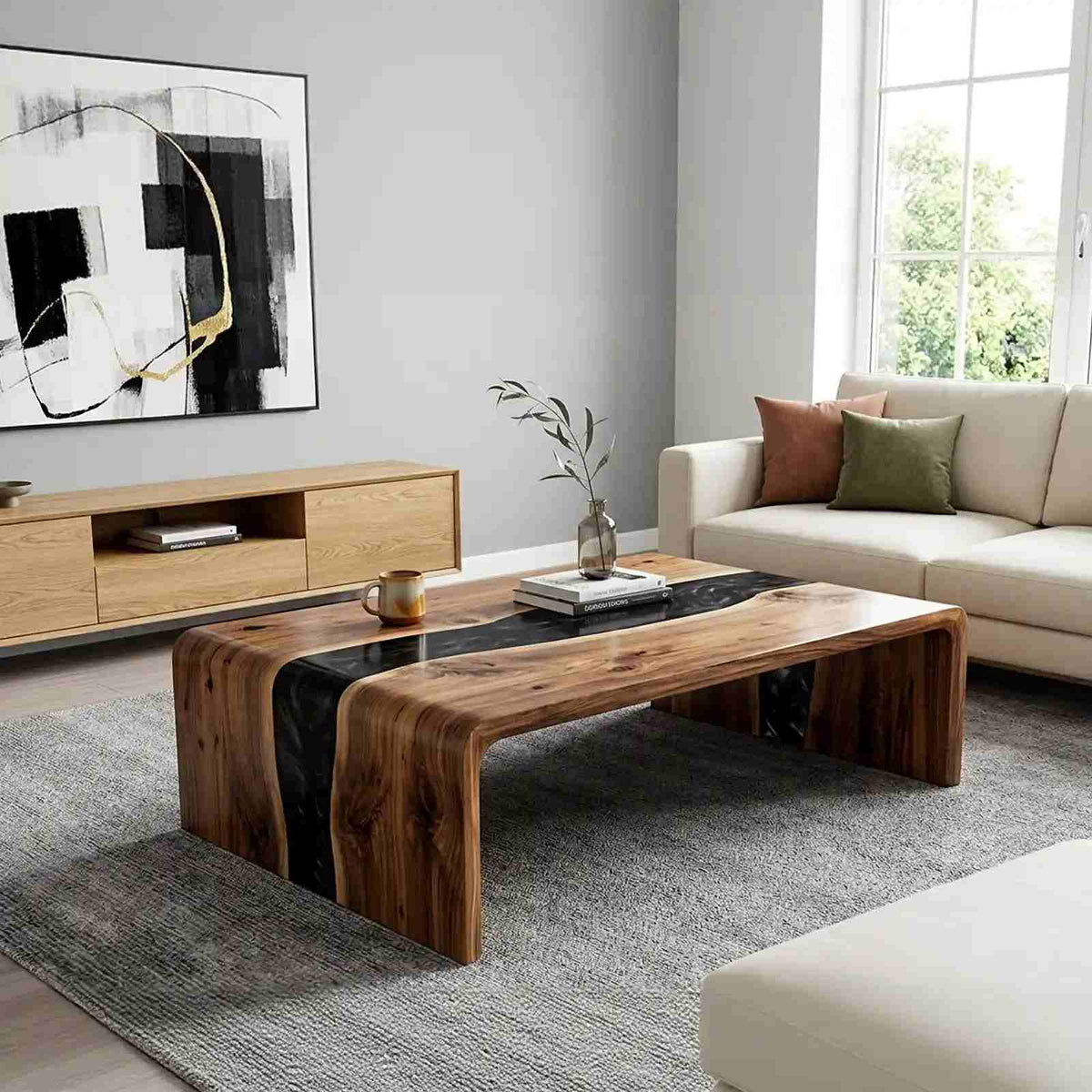 Solid wood coffee table with a black resin inlay flowing from the tabletop down the curved legs