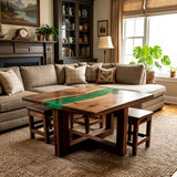 Solid wood coffee table with a green resin inlay and matching wooden stools
