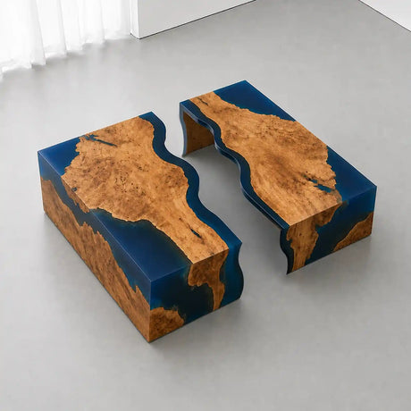 Square olive wood and blue epoxy river coffee table showcasing organic live edge patterns and a bold modern block design