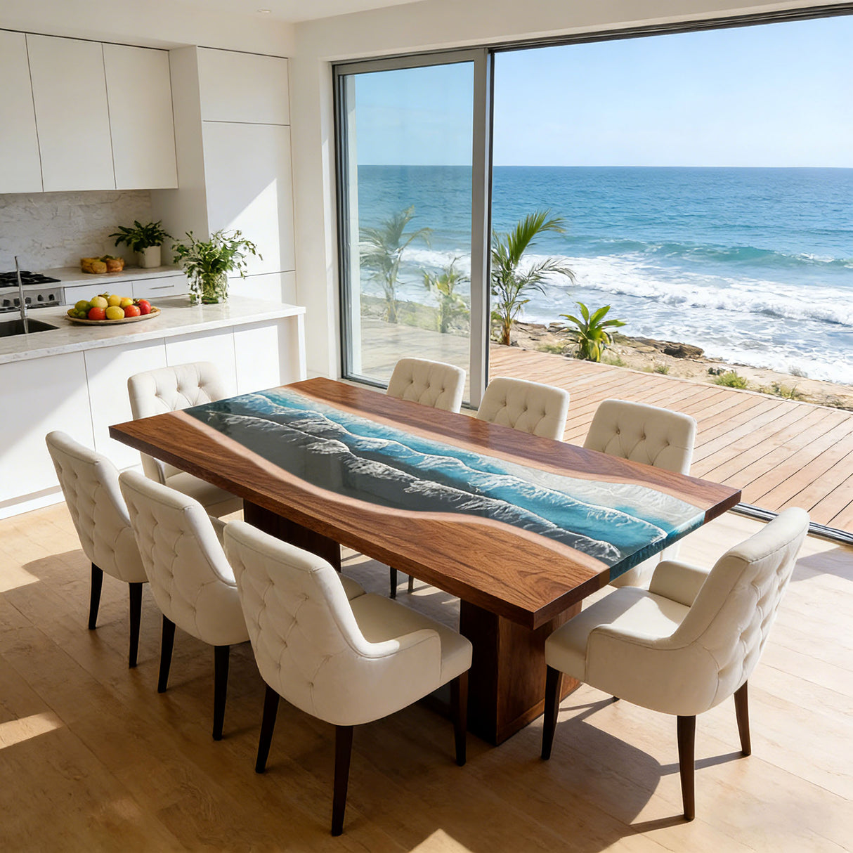 Elite Handcrafted Walnut Ocean Resin Dining Table – Straight Edge Blue Wave Epoxy River Table ECT-275