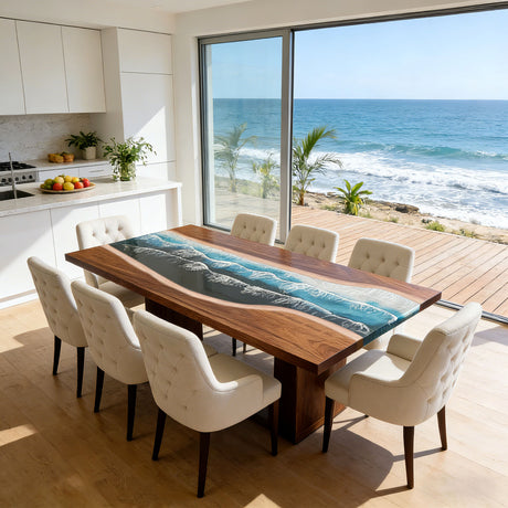 Elite Handcrafted Walnut Ocean Resin Dining Table – Straight Edge Blue Wave Epoxy River Table ECT-275