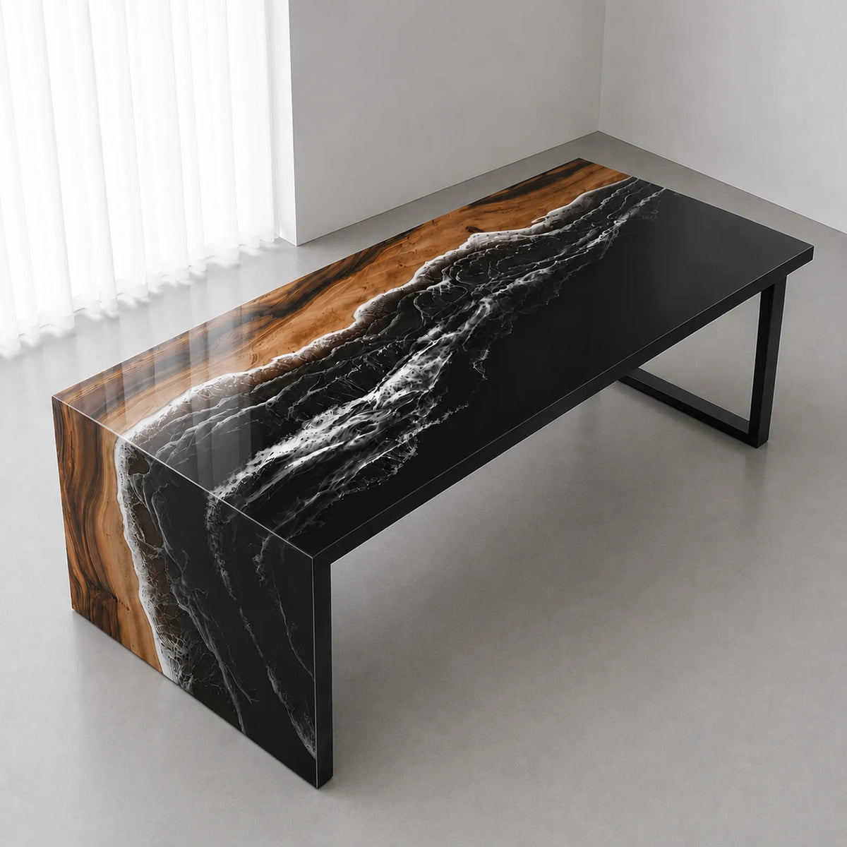 Handcrafted walnut wood executive desk featuring glossy black ocean wave epoxy resin, rich natural wood grain, and a modern waterfall design