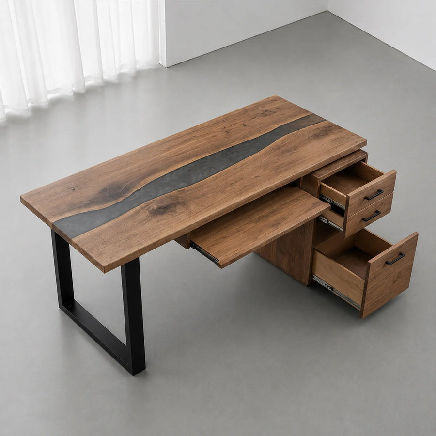 Walnut Epoxy Executive Office Desk with Storage | ECT-368