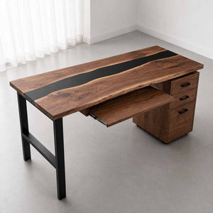 Walnut Executive Office Desk with Black Epoxy Resin Inlay and Storage Cabinet | ECT-358 - Elitecustomtable