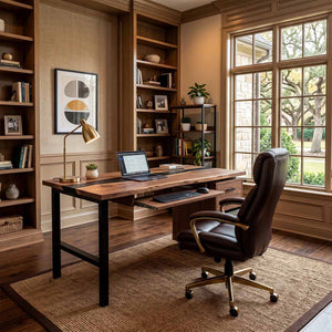 Walnut Executive Office Desk with Black Epoxy Resin Inlay and Storage Cabinet | ECT-358 - Elitecustomtable