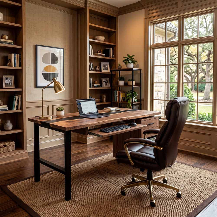 Walnut Executive Office Desk with Black Epoxy Resin Inlay and Storage Cabinet | ECT-358