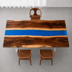 Walnut Live Edge Blue Epoxy Resin Dining Table | ECT-387 - Elitecustomtable