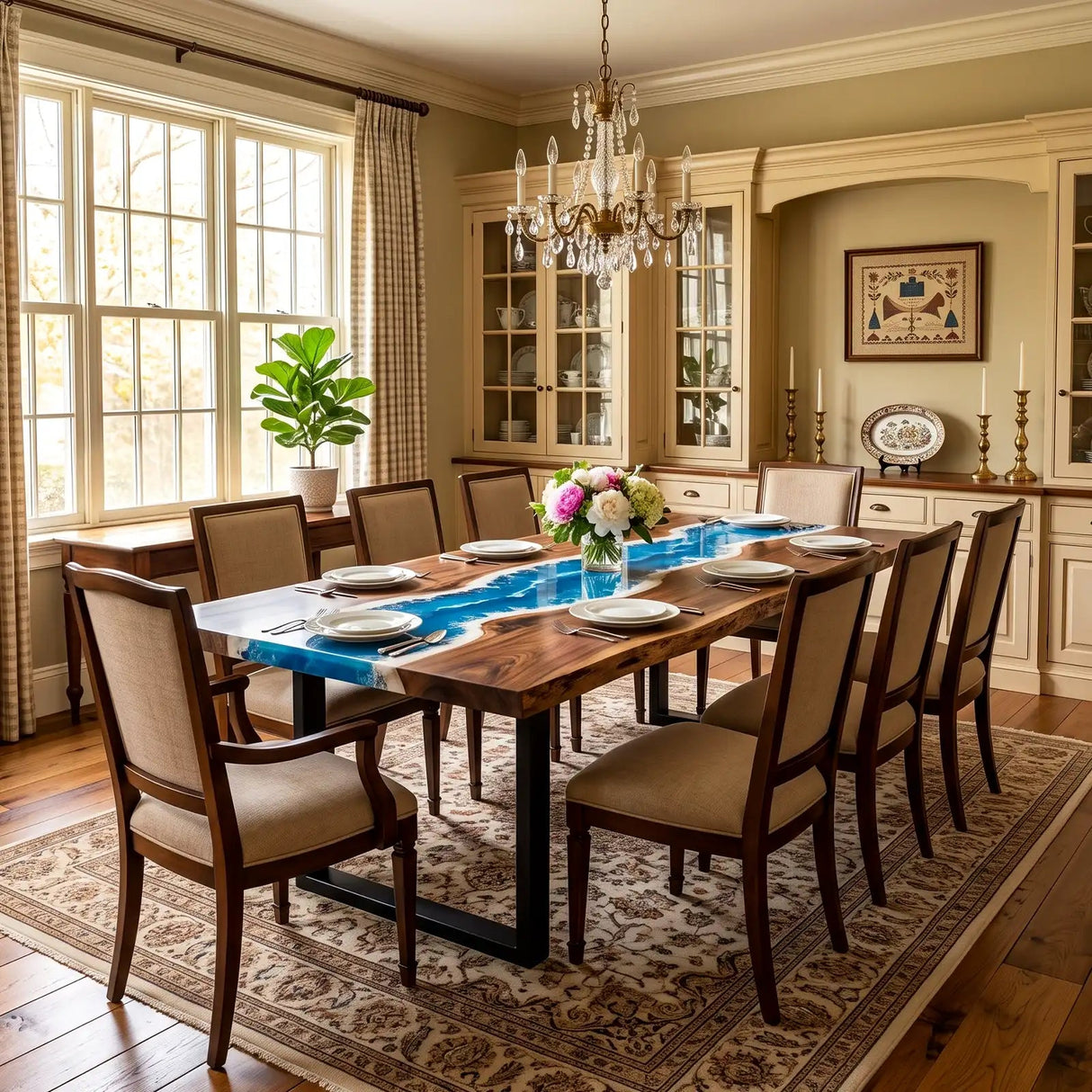 Walnut Ocean Wave Epoxy Resin Dining Table | ECT-374 - Elitecustomtable