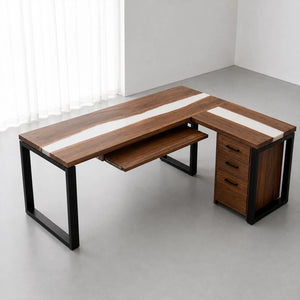 Walnut White Epoxy L-Shaped Executive Office Desk with Storage | ECT-369 - Elitecustomtable