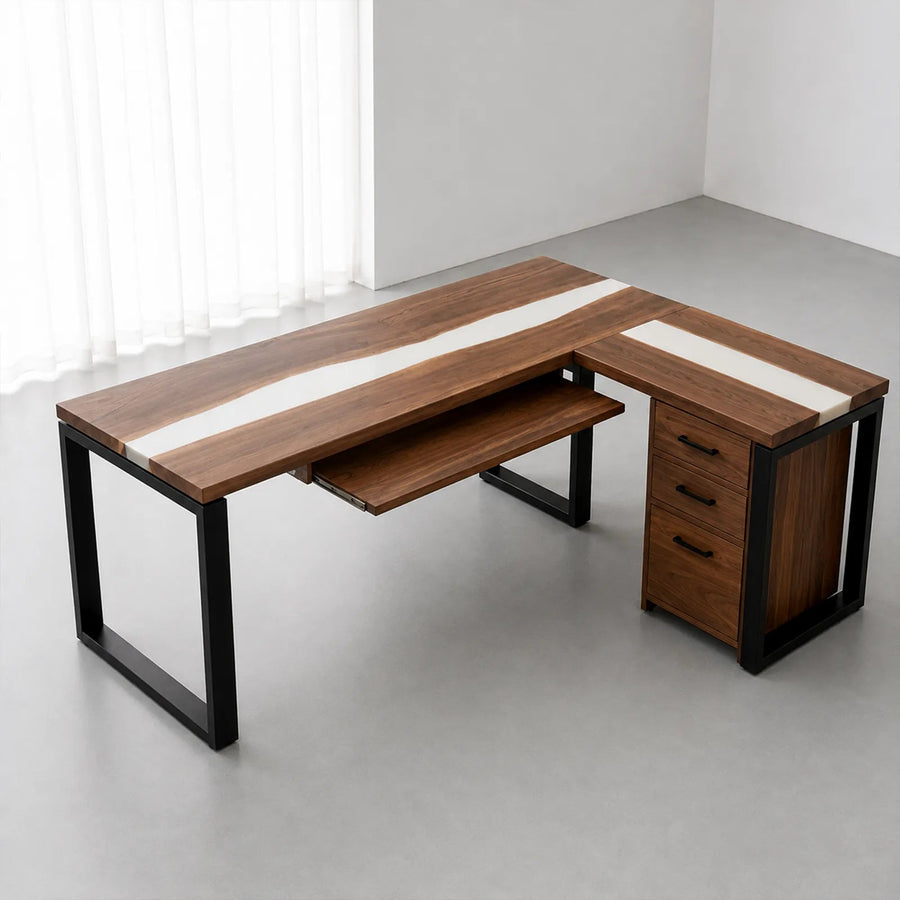 Walnut White Epoxy L-Shaped Executive Office Desk with Storage | ECT-369
