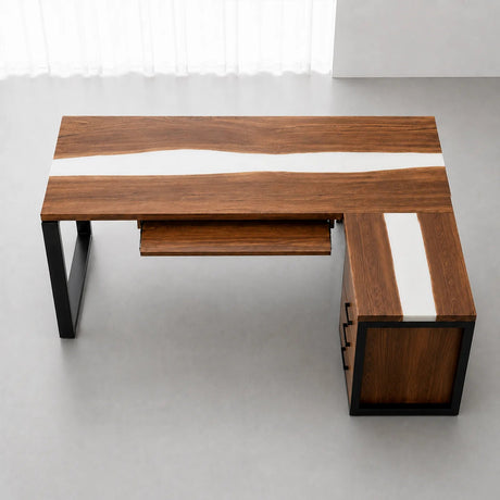 Walnut White Epoxy L-Shaped Executive Office Desk with Storage | ECT-369 - Elitecustomtable
