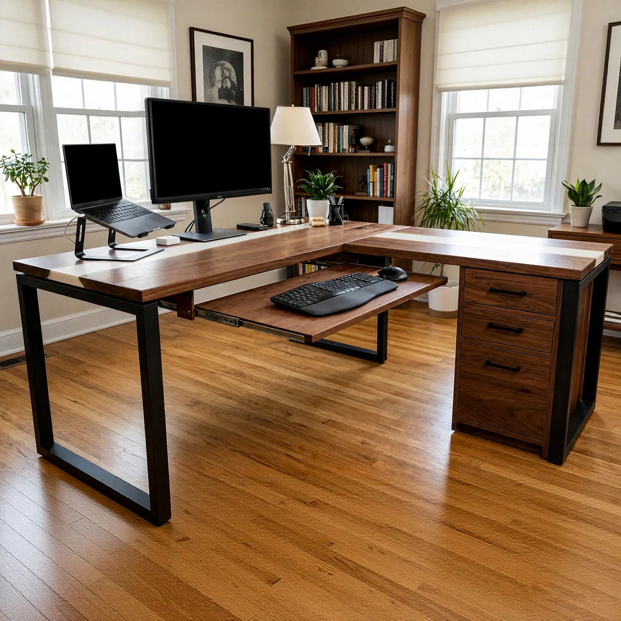 Walnut White Epoxy L-Shaped Executive Office Desk with Storage | ECT-369 - Elitecustomtable