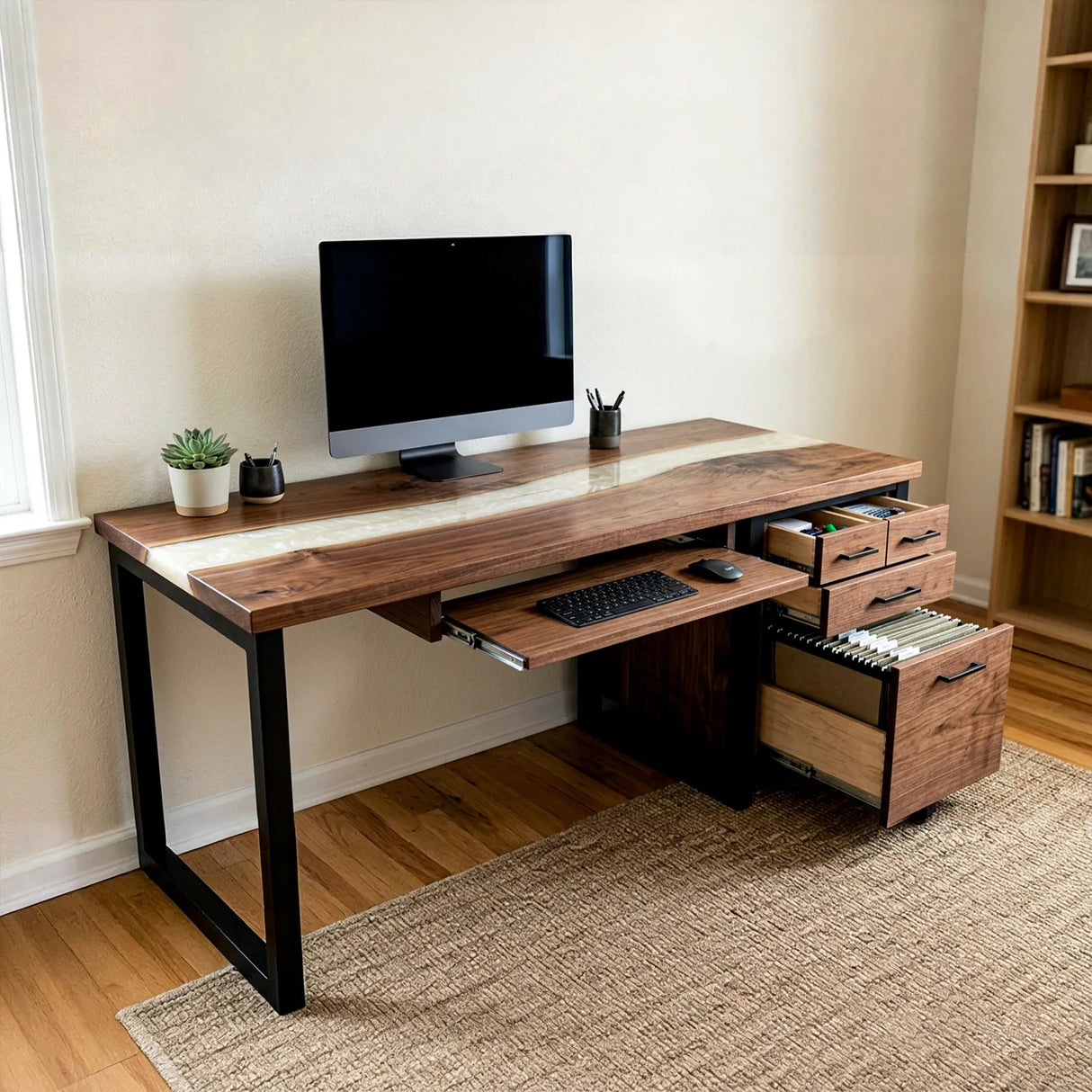 Walnut White Pearl Epoxy Executive Office Desk with Storage | ECT-370 - Elitecustomtable