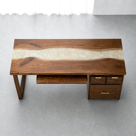 Walnut White Pearl Epoxy Executive Office Desk with Storage | ECT-370 - Elitecustomtable