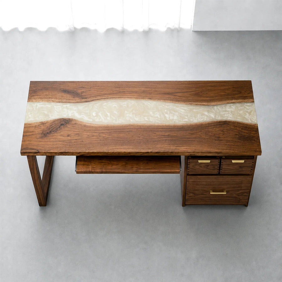 Walnut White Pearl Epoxy Executive Office Desk with Storage | ECT-370