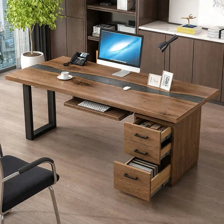 Walnut wood office desk with a dark resin inlay, three drawers, and a pull-out keyboard tray