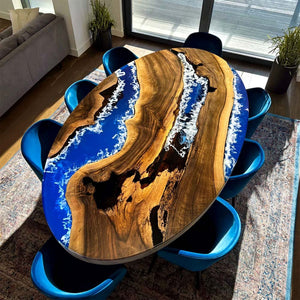 Walnut Wood with Blue and White Ocean Wave Epoxy Resin Oval Dining & Cofffee Table ECT - 169 - Elitecustomtable