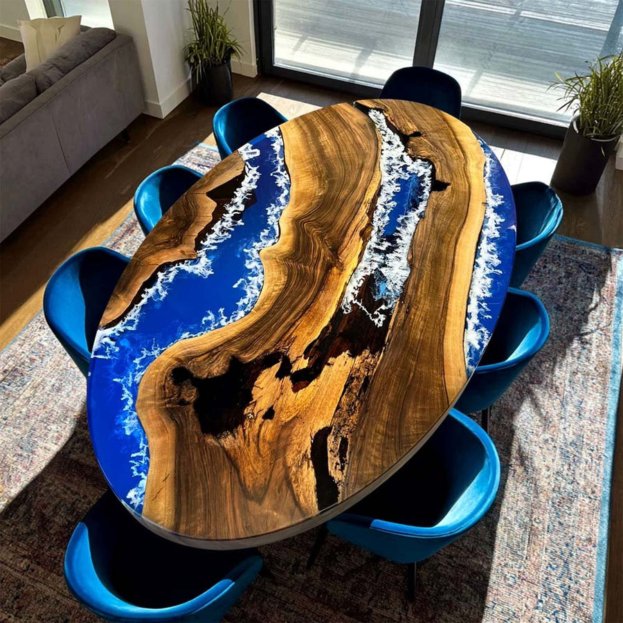 Walnut Wood with Blue and White Ocean Wave Epoxy Resin Oval Dining & Cofffee Table ECT-169