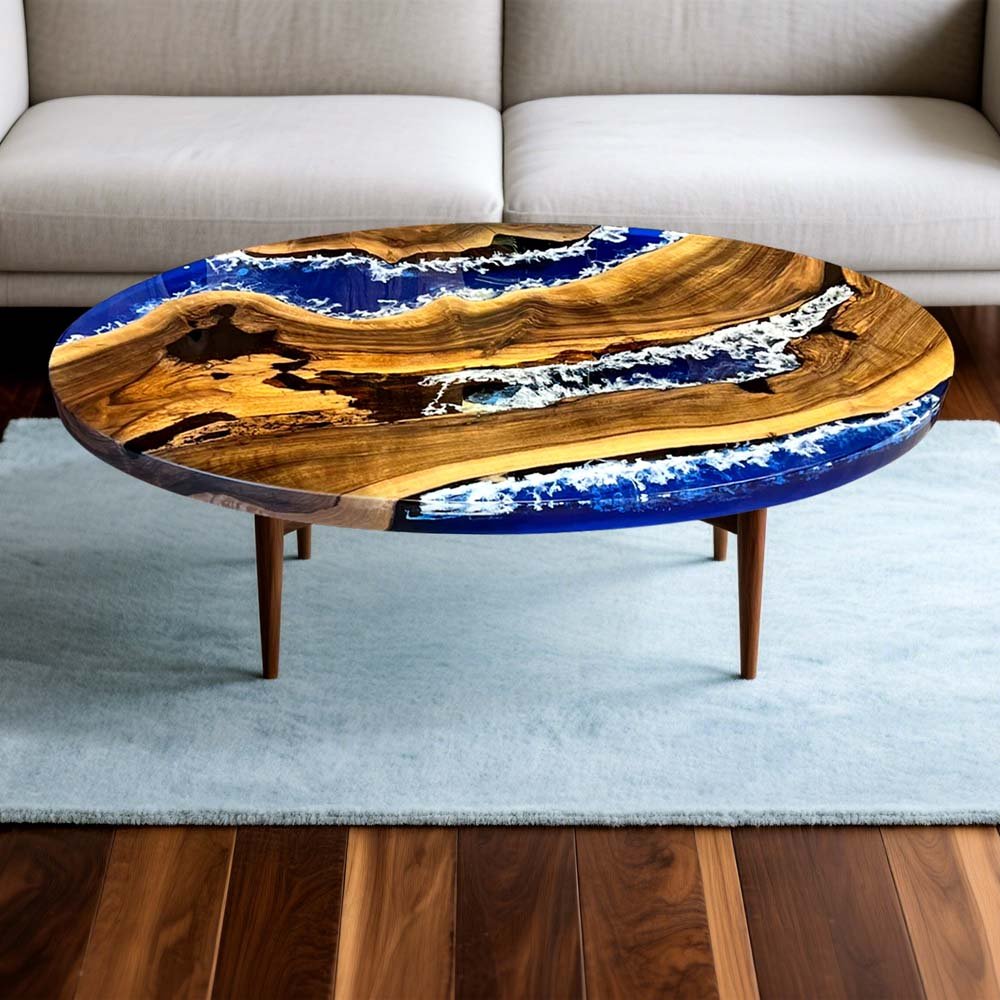 Walnut Wood with Blue and White Ocean Wave Epoxy Resin Oval Dining & Cofffee Table ECT - 169 - Elitecustomtable