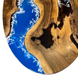 Walnut Wood with Blue and White Ocean Wave Epoxy Resin Oval Dining & Cofffee Table ECT - 169 - Elitecustomtable