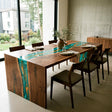 Waterfall Epoxy Table Walnut Malachite Gold Rectangular Straight Edge Dining Table ECT - 311 - Elitecustomtable