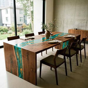 Waterfall Epoxy Table Walnut Malachite Gold Rectangular Straight Edge Dining Table ECT - 311 - Elitecustomtable