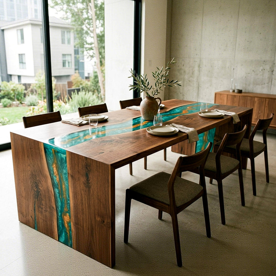 Waterfall Epoxy Table Walnut Malachite Gold Rectangular Straight Edge Dining Table ECT-311