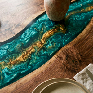 Waterfall Epoxy Table Walnut Malachite Gold Rectangular Straight Edge Dining Table ECT - 311 - Elitecustomtable