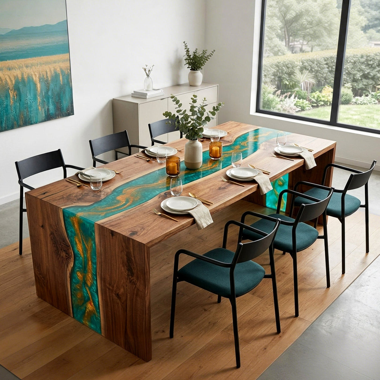 Waterfall Epoxy Table Walnut Malachite Gold Rectangular Straight Edge Dining Table ECT - 311 - Elitecustomtable
