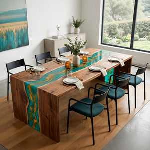 Waterfall Epoxy Table Walnut Malachite Gold Rectangular Straight Edge Dining Table ECT - 311 - Elitecustomtable