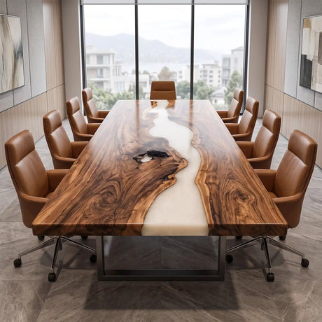 Luxury olive wood boardroom table showcasing an opaque white epoxy river between richly figured wood slabs with organic live edge contours